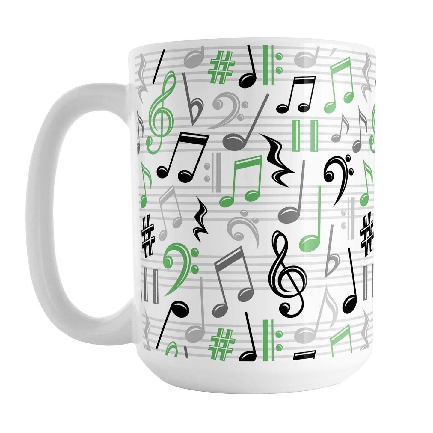 Green Music Notes Pattern Mug (15oz) at Amy's Coffee Mugs. A ceramic coffee mug designed with music notes and symbols in green, black, and gray in a pattern that wraps around the mug to the handle.