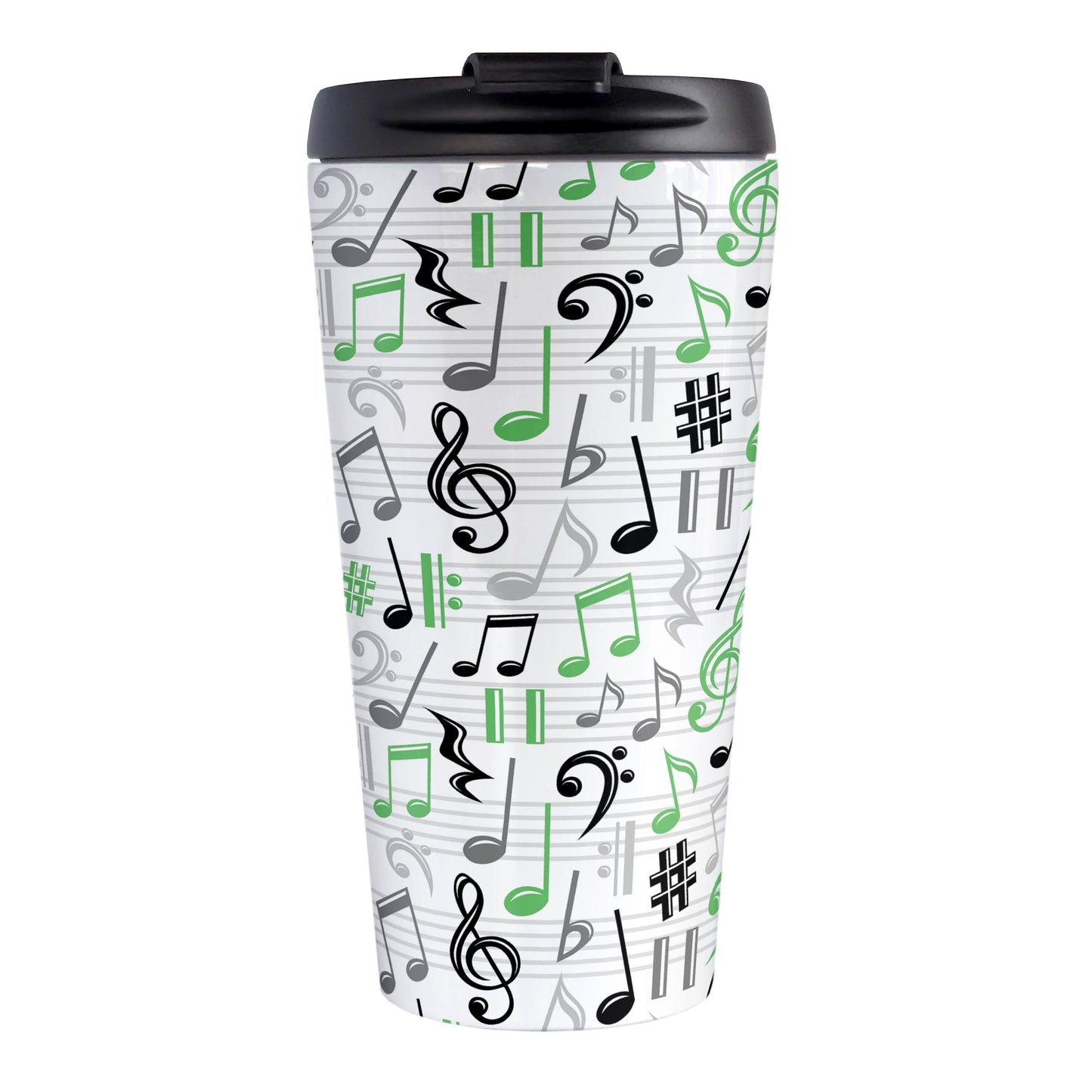 Green Music Notes Pattern Travel Mug (15oz) at Amy's Coffee Mugs. A stainless steel travel mug designed with music notes and symbols in green, black, and gray in a pattern that wraps around the travel mug.