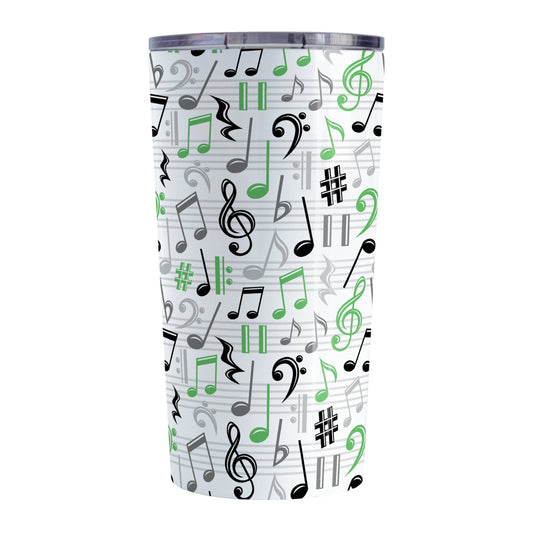 Green Music Notes Pattern Tumbler Cup (20oz) at Amy's Coffee Mugs. A stainless steel tumbler cup designed with music notes and symbols in green, black, and gray in a pattern that wraps around the cup.