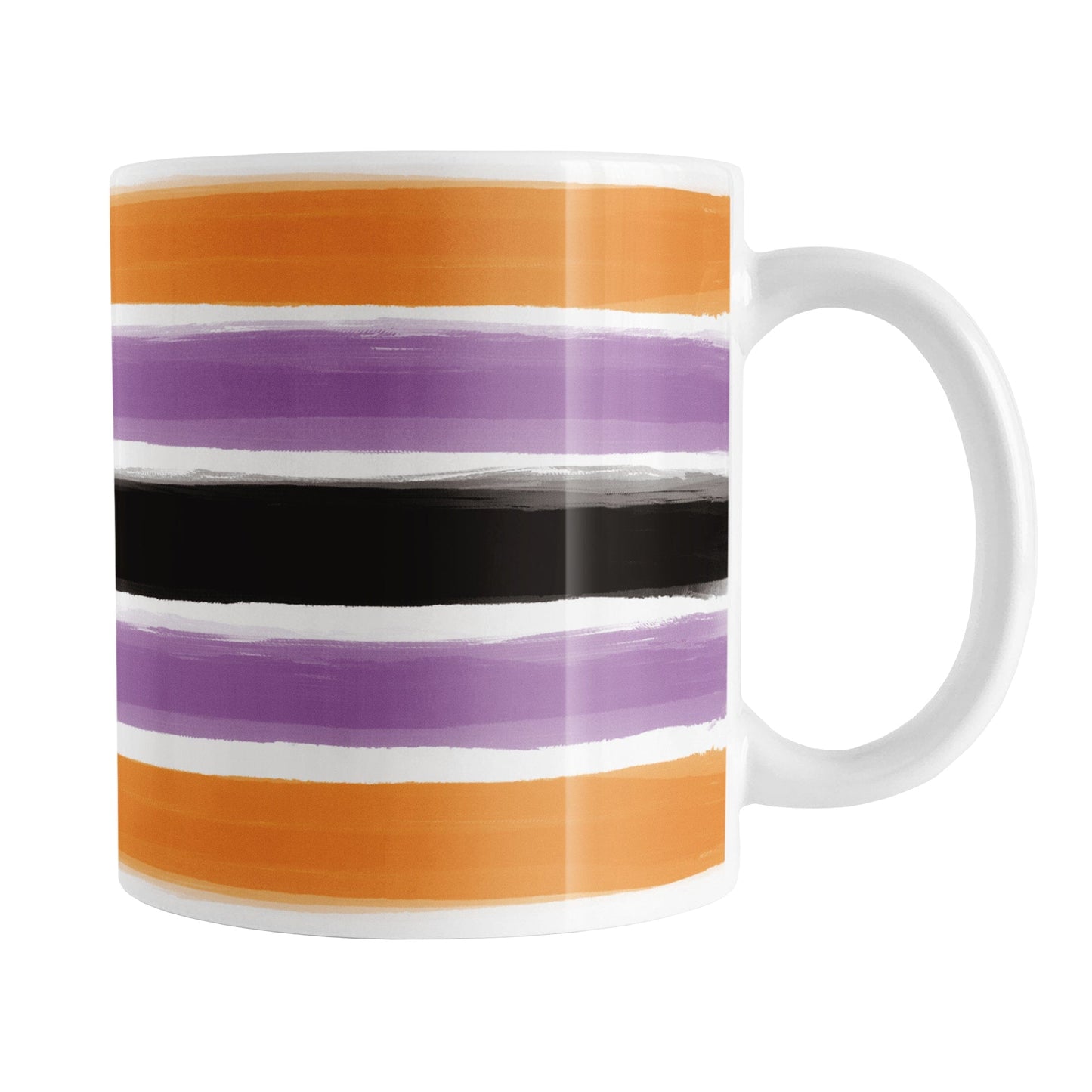 Mug with horizontal paint brush stroke stripes in orange, purple, black on white for Halloween