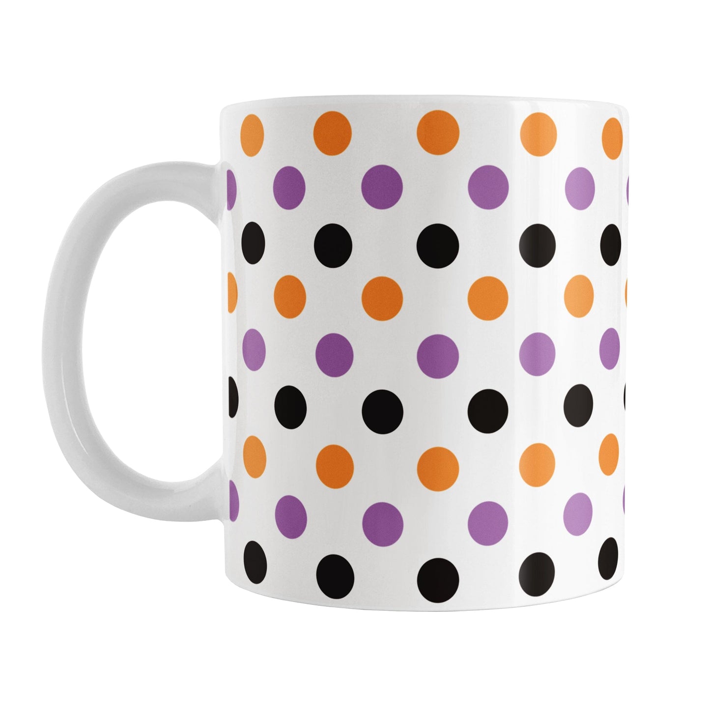 White mug with colorful polka dot pattern in orange, purple, and black, perfect for Halloween.