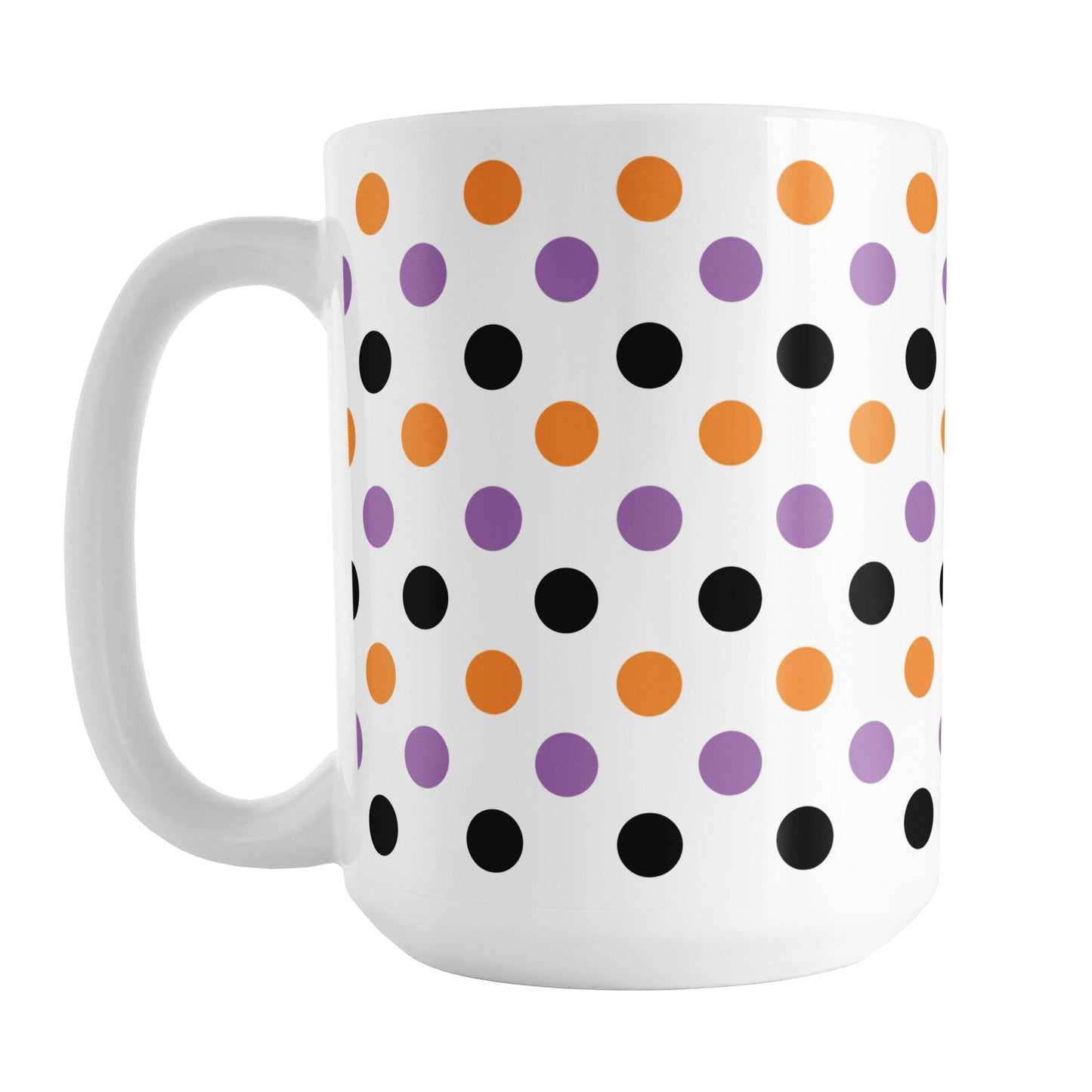 White mug with colorful polka dot pattern in orange, purple, and black, perfect for Halloween.