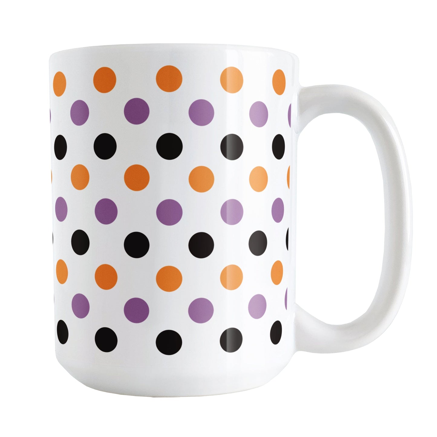White mug with colorful polka dot pattern in orange, purple, and black, perfect for Halloween.