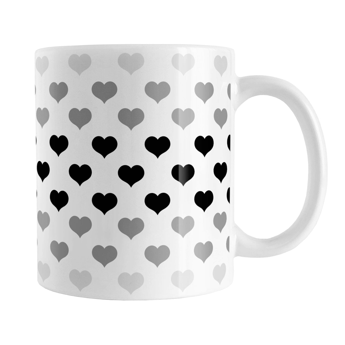 Hearts in Black Mug (11oz) at Amy's Coffee Mugs. A ceramic coffee mug designed with hearts in different shades of black and gray, with black across the middle and the lighter gray along the top and bottom, in a pattern that wraps around the mug to the handle.