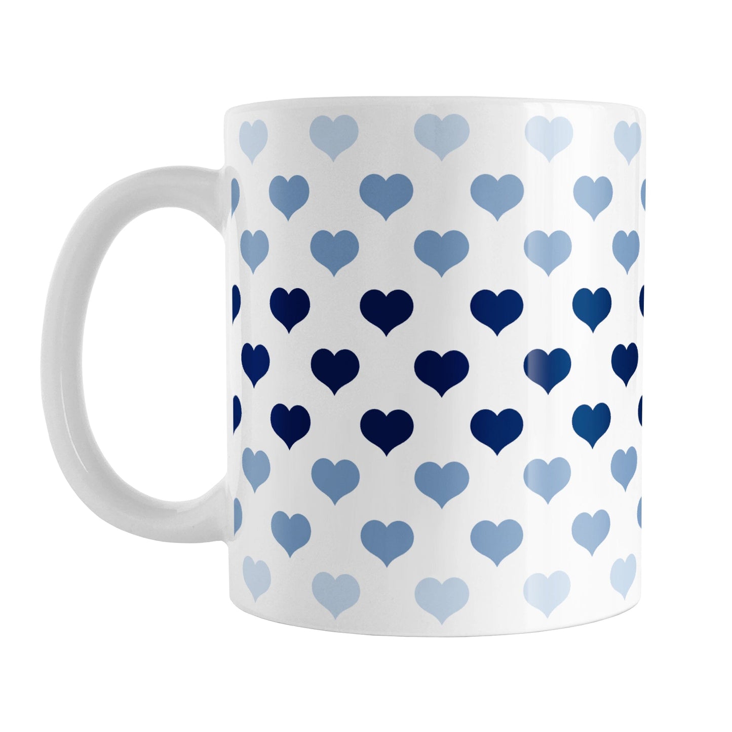 Hearts in Blue Mug (11oz) at Amy's Coffee Mugs. A ceramic coffee mug designed with hearts in different shades of blue, with the darker navy blue color across the middle and the lighter blue along the top and bottom, in a pattern that wraps around the mug to the handle.
