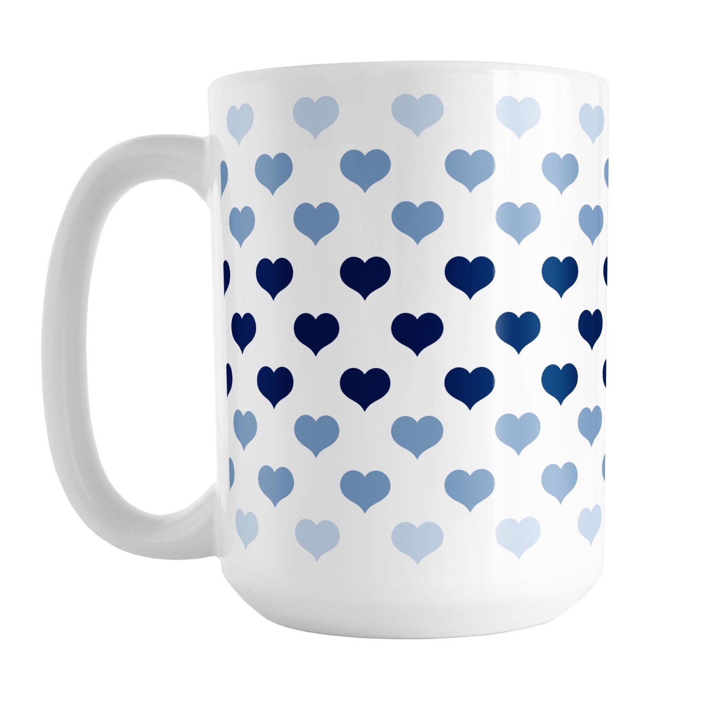 Hearts in Blue Mug (15oz) at Amy's Coffee Mugs. A ceramic coffee mug designed with hearts in different shades of blue, with the darker navy blue color across the middle and the lighter blue along the top and bottom, in a pattern that wraps around the mug to the handle.