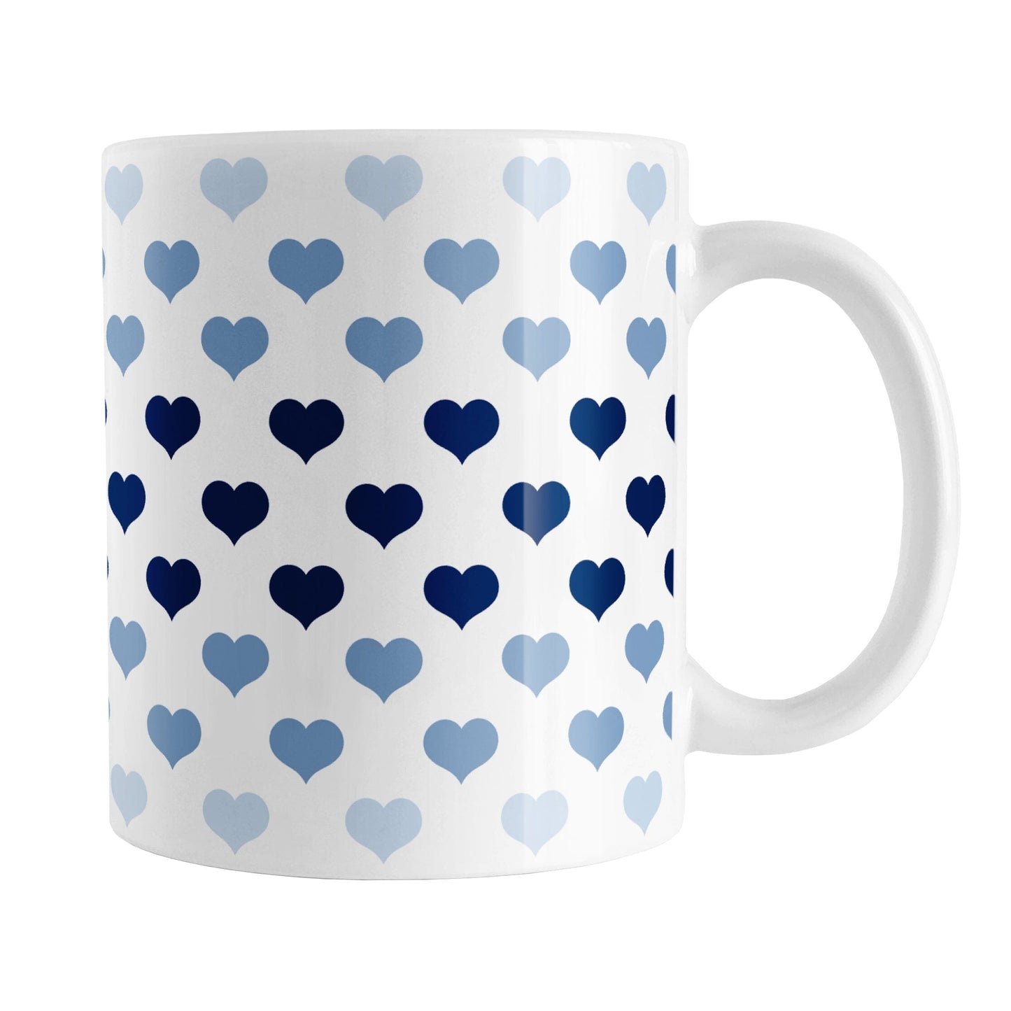 Hearts in Blue Mug (11oz) at Amy's Coffee Mugs. A ceramic coffee mug designed with hearts in different shades of blue, with the darker navy blue color across the middle and the lighter blue along the top and bottom, in a pattern that wraps around the mug to the handle.