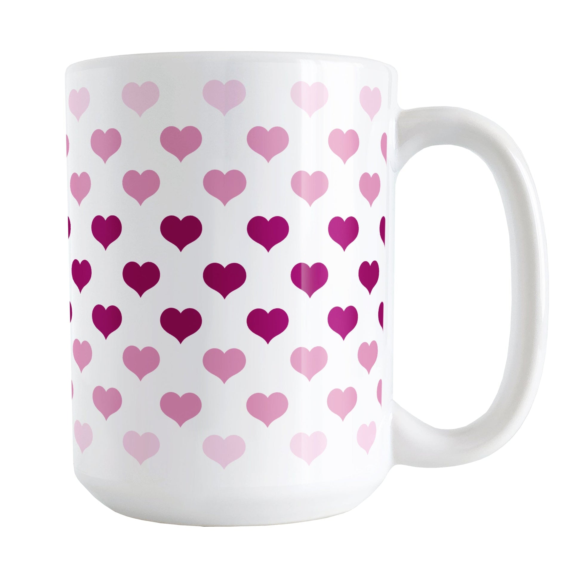 Hearts in Pink Mug (15oz) at Amy's Coffee Mugs. A ceramic coffee mug designed with hearts in different shades of pink, with the darker pink color across the middle and the lighter pink along the top and bottom, in a pattern that wraps around the mug to the handle.