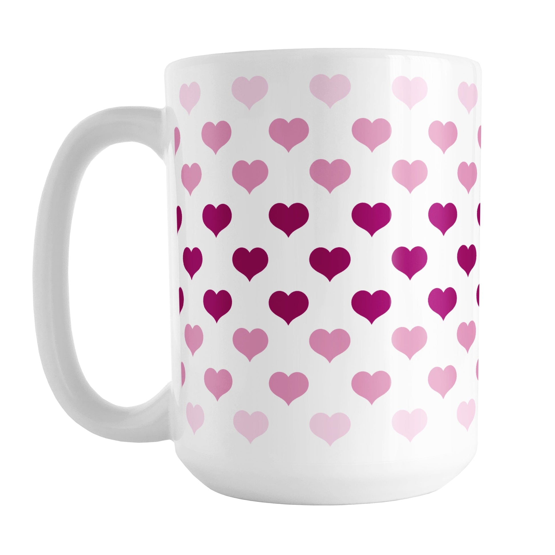 Hearts in Pink Mug (15oz) at Amy's Coffee Mugs. A ceramic coffee mug designed with hearts in different shades of pink, with the darker pink color across the middle and the lighter pink along the top and bottom, in a pattern that wraps around the mug to the handle.