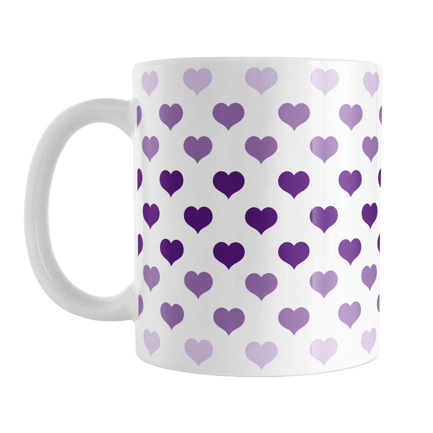 Hearts in Purple Mug (15oz) at Amy's Coffee Mugs. A ceramic coffee mug designed with hearts in different shades of purple, with the darker purple color across the middle and the lighter purple along the top and bottom, in a pattern that wraps around the mug to the handle.
