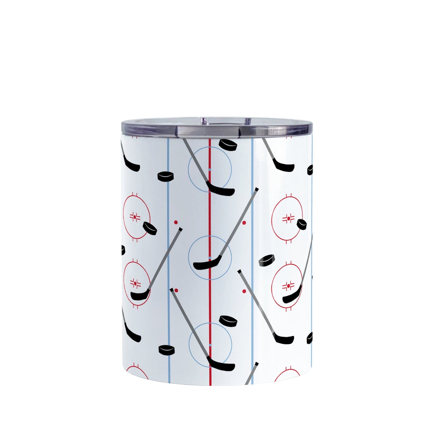 Hockey Rink Pattern Tumbler Cup (10oz) at Amy's Coffee Mugs. A stainless steel tumbler cup designed with hockey rink red and blue lines, coupled with hockey sticks and hockey pucks, a pattern that wraps around the cup.