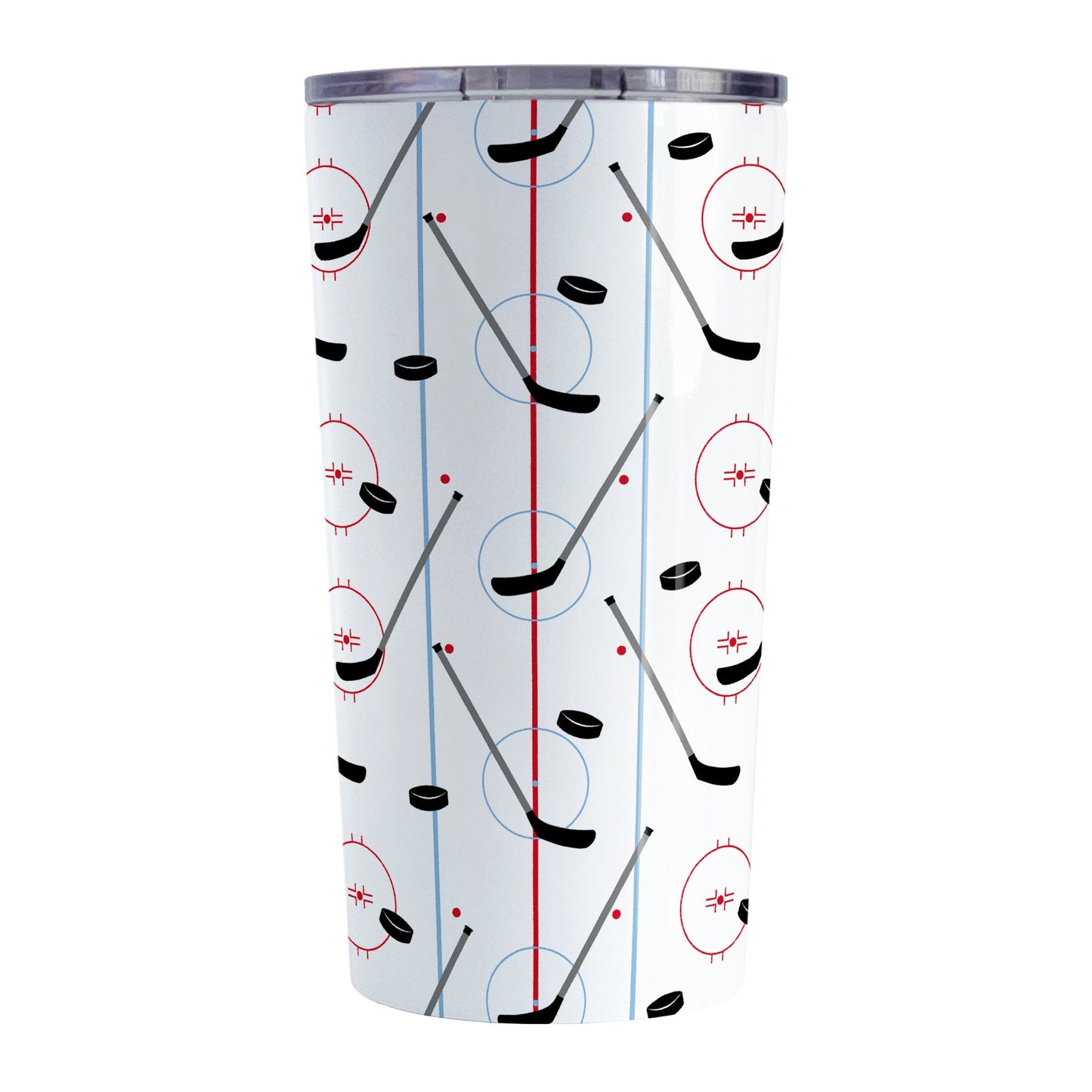 Hockey Rink Pattern Tumbler Cup (20oz) at Amy's Coffee Mugs. A stainless steel tumbler cup designed with hockey rink red and blue lines, coupled with hockey sticks and hockey pucks, a pattern that wraps around the cup.