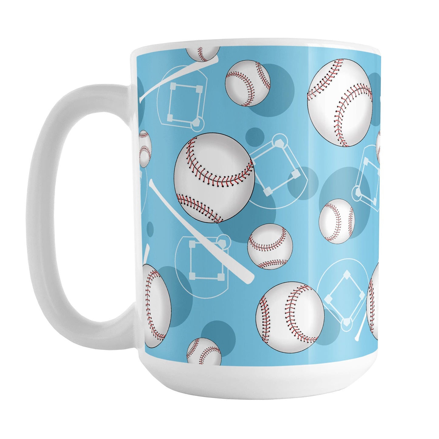 Light Blue Baseball Pattern Mug (15oz) at Amy's Coffee Mugs. A ceramic coffee mug designed with a pattern of baseballs, baseball diamonds, baseball bats, and blue circles over a light blue background color that wraps around the mug up to the handle.