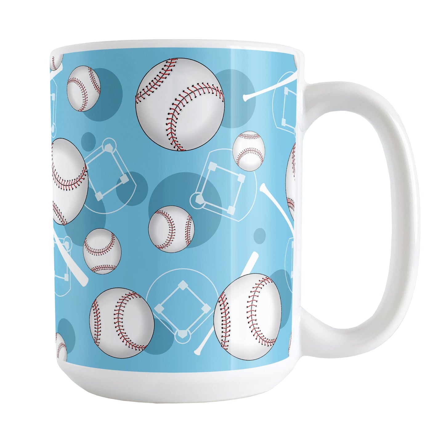 Light Blue Baseball Pattern Mug (15oz) at Amy's Coffee Mugs. A ceramic coffee mug designed with a pattern of baseballs, baseball diamonds, baseball bats, and blue circles over a light blue background color that wraps around the mug up to the handle.