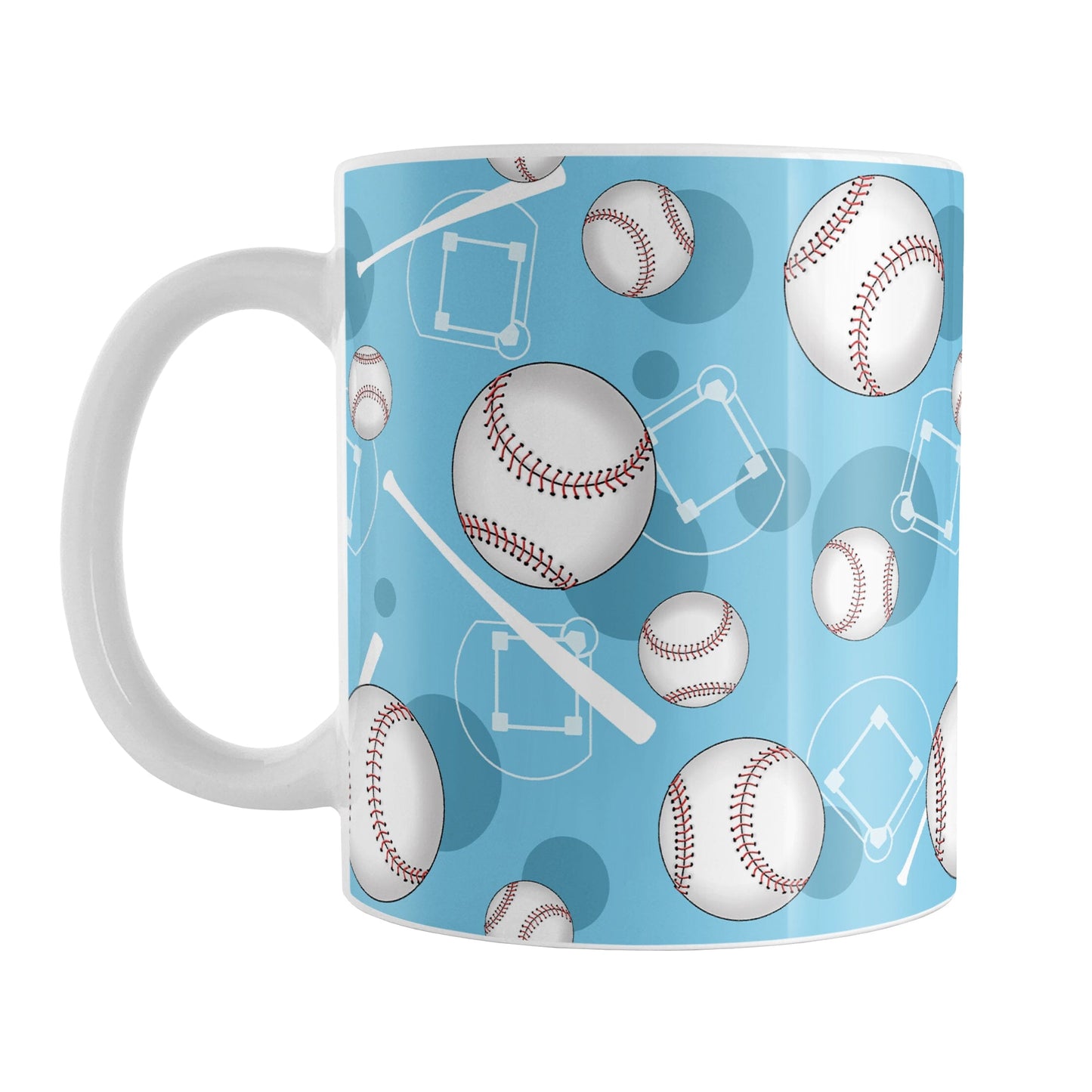 Light Blue Baseball Pattern Mug (11oz) at Amy's Coffee Mugs. A ceramic coffee mug designed with a pattern of baseballs, baseball diamonds, baseball bats, and blue circles over a light blue background color that wraps around the mug up to the handle.