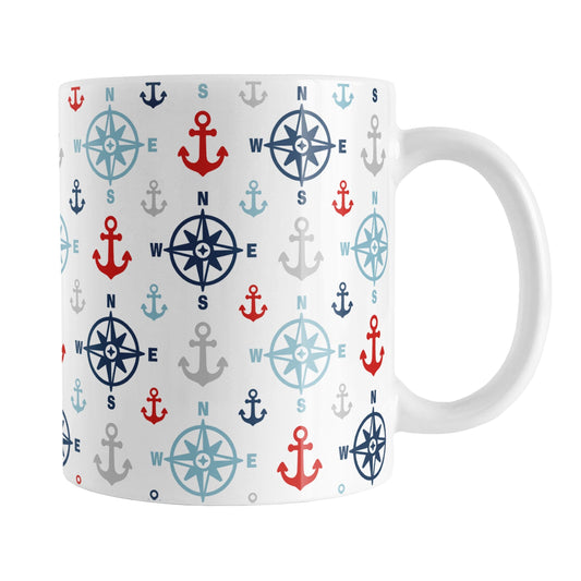 Nautical Compass and Anchors Mug (11oz) at Amy's Coffee Mugs. A ceramic coffee mug with compasses and anchors, in navy blue, light blue, red, and gray, in a pattern that wraps around the mug up to the handle.