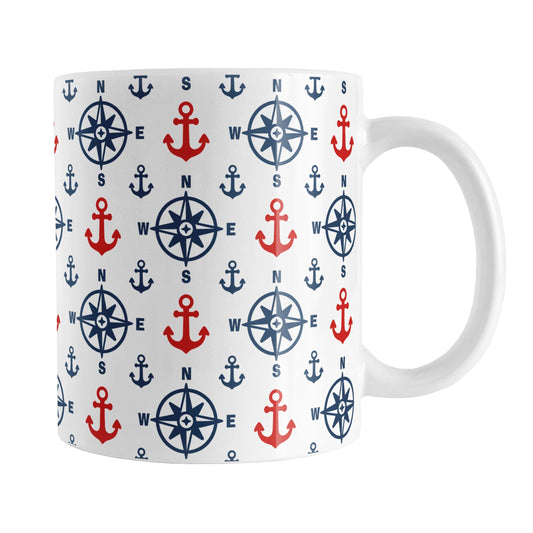 Nautical Navy Blue Red Compass and Anchors Mug (11oz) at Amy's Coffee Mugs. A ceramic coffee mug with compasses and anchors, in navy blue and red, in a pattern that wraps around the mug up to the handle.