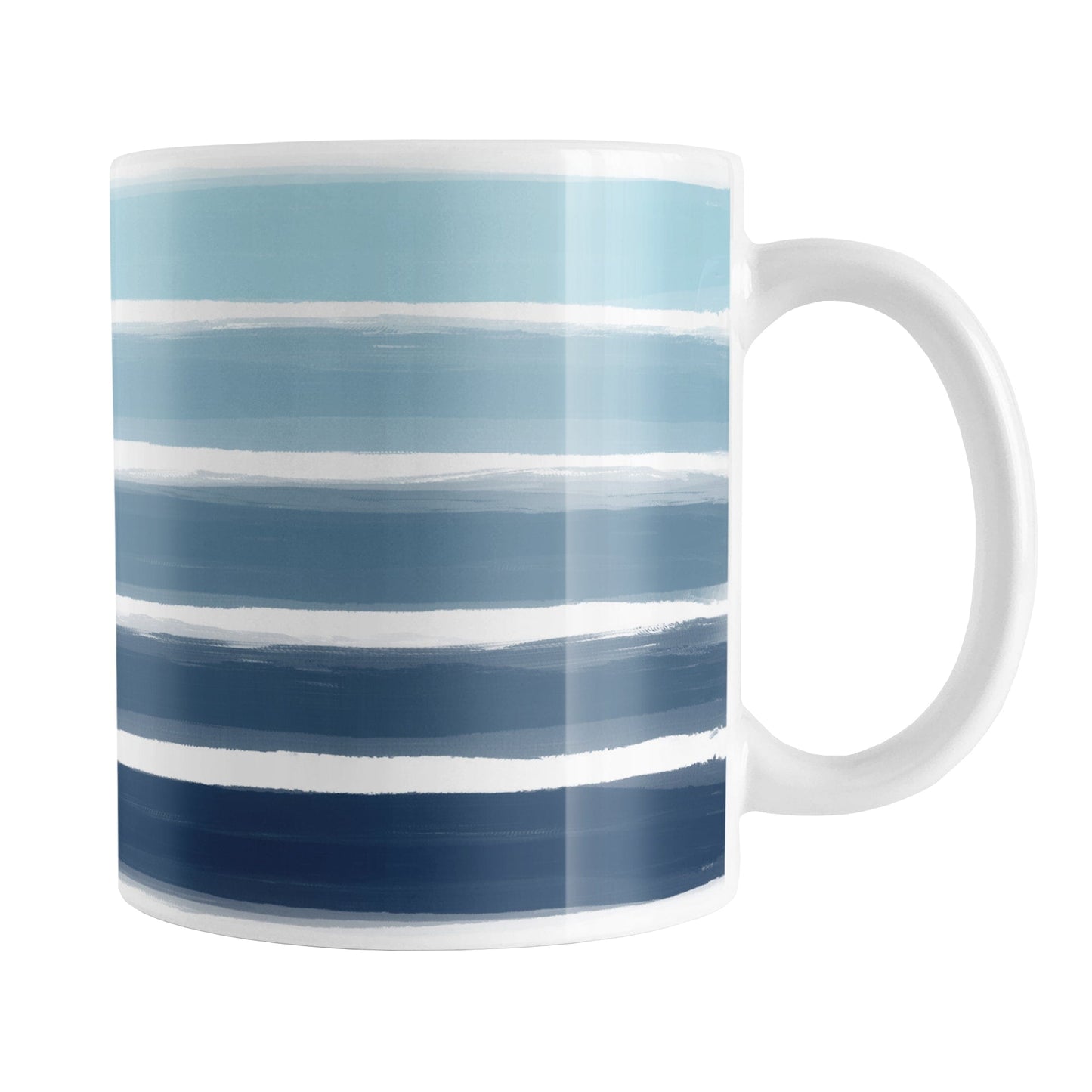 Nautical Paint Brush Strokes Mug (11oz) at Amy's Coffee Mugs. A ceramic coffee mug featuring a print of artistic paint brush strokes, in a gradient color progression of navy blue along the bottom to aqua blue along the top, horizontally across the mug up to the handle.