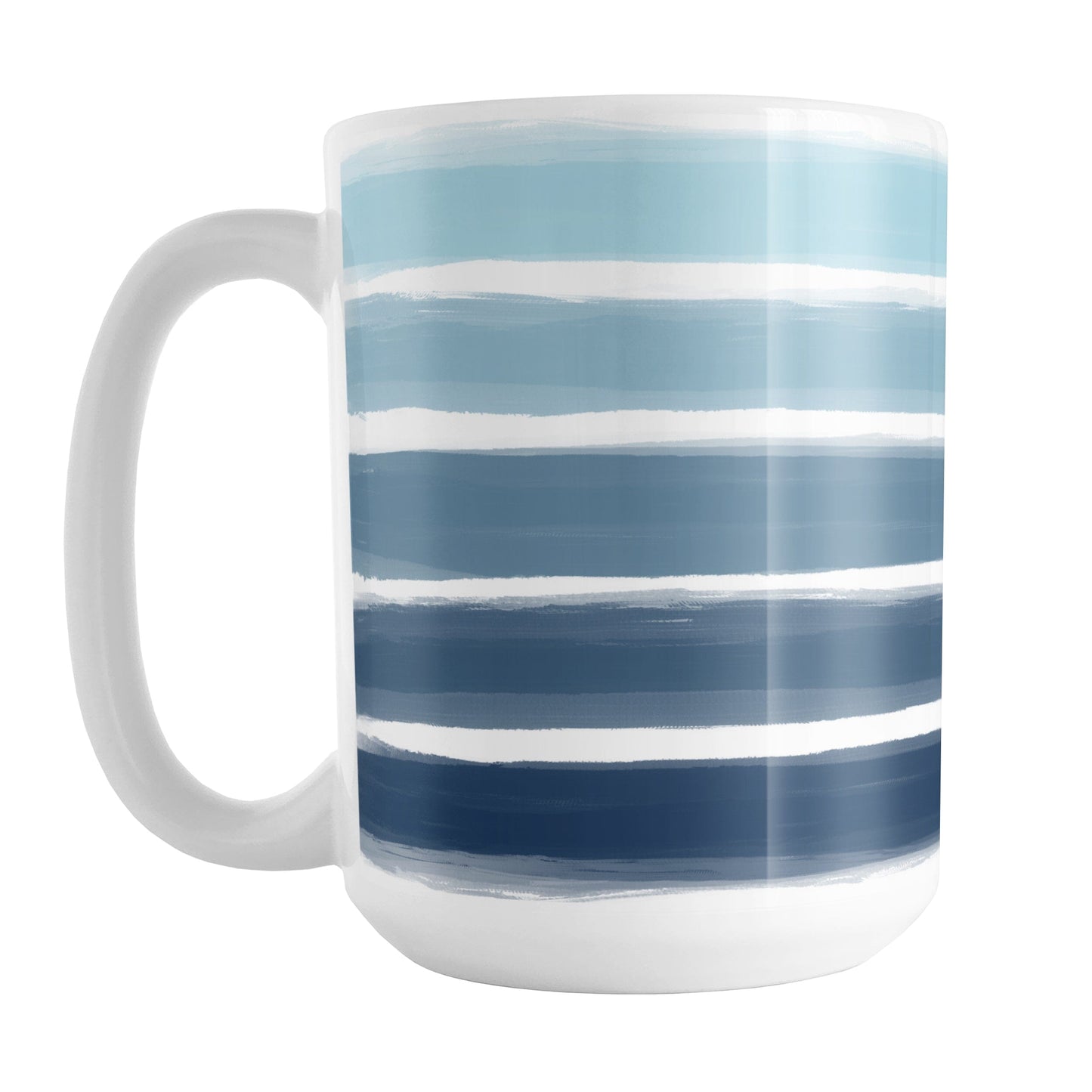 Nautical Paint Brush Strokes Mug (15oz) at Amy's Coffee Mugs. A ceramic coffee mug featuring a print of artistic paint brush strokes, in a gradient color progression of navy blue along the bottom to aqua blue along the top, horizontally across the mug up to the handle.