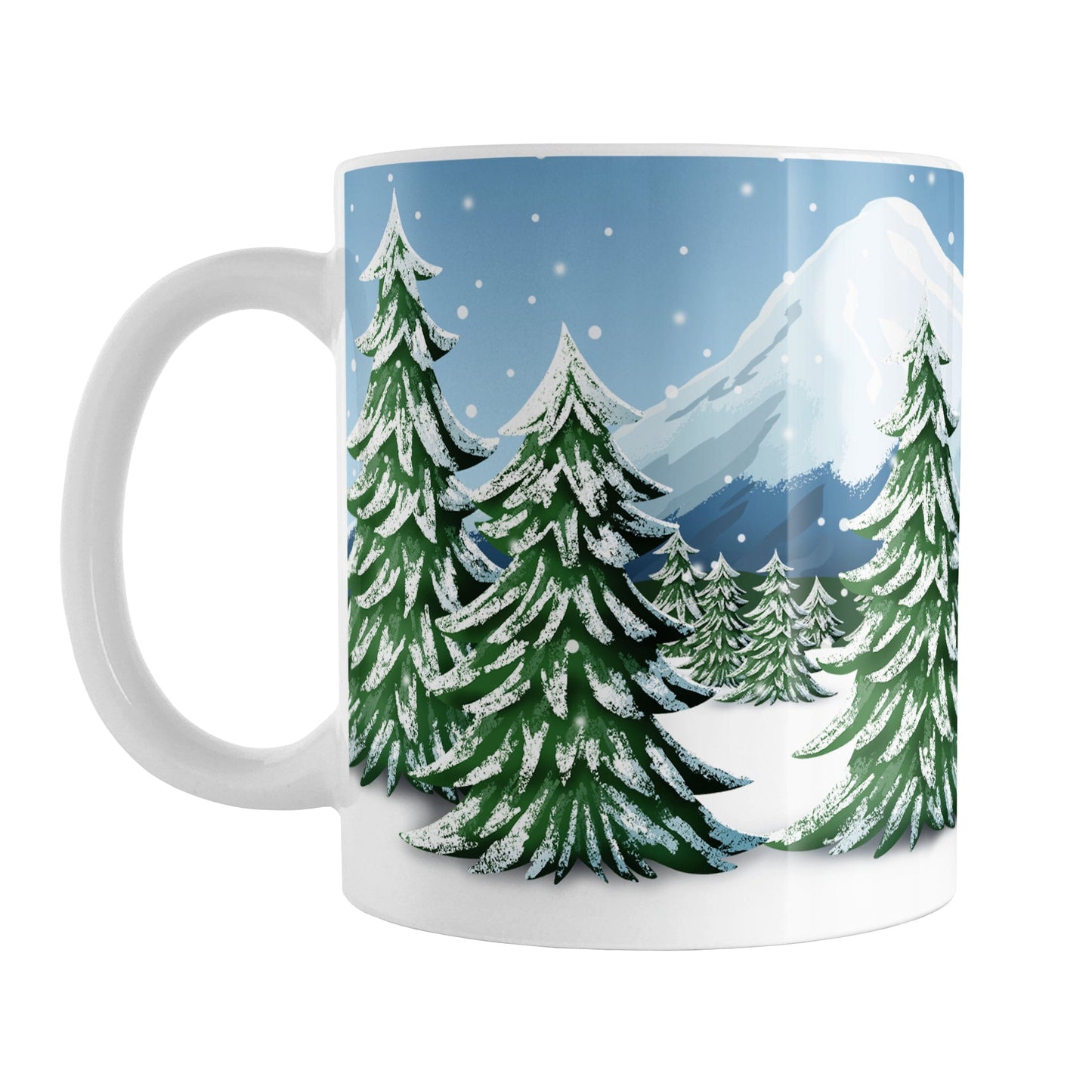 Outdoors Winter Trees Scene Mug (11oz) at Amy's Coffee Mugs. A ceramic coffee mug designed with a beautiful winter scene illustrated with snow-covered pine trees, snowy mountains, and a snowing winter sky.