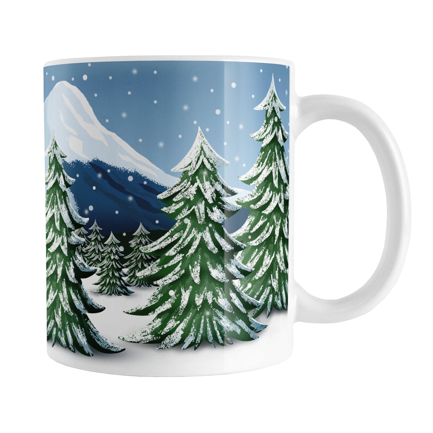 Outdoors Winter Trees Scene Mug (11oz) at Amy's Coffee Mugs. A ceramic coffee mug designed with a beautiful winter scene illustrated with snow-covered pine trees, snowy mountains, and a snowing winter sky.