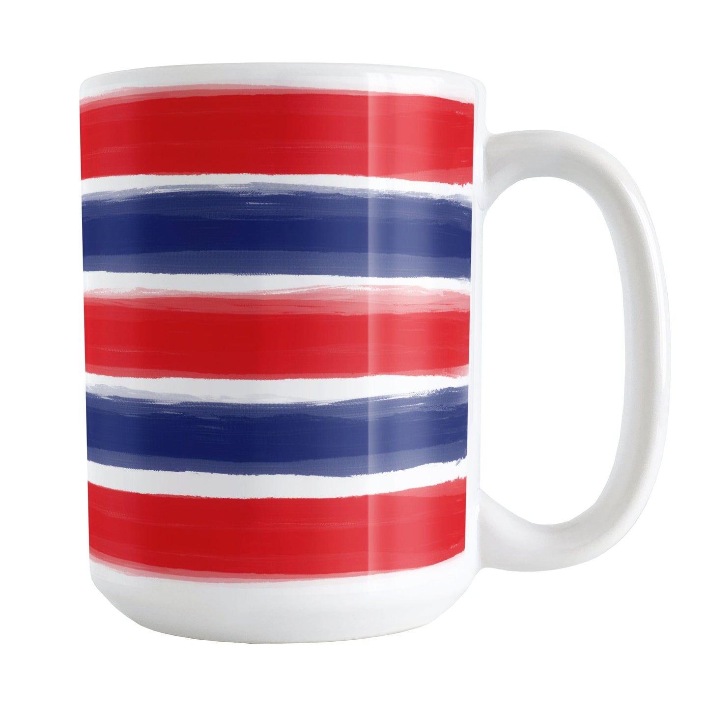 Patriotic Paint Brush Strokes Mug (15oz) at Amy's Coffee Mugs. A ceramic coffee mug featuring a print of artistic paint brush strokes horizontally across the mug up to the handle, in alternating colors of red and blue over white to celebrate the 4th of July (Independence Day) holiday.