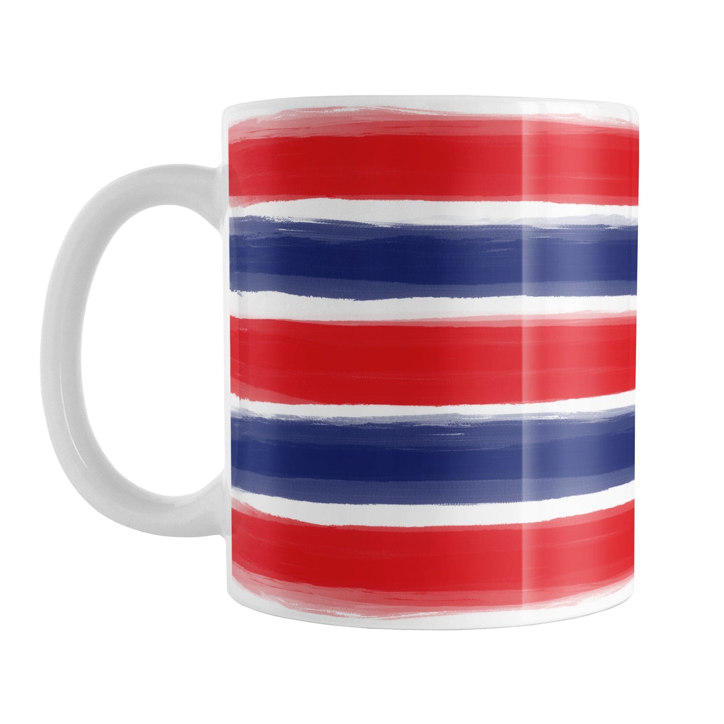 Patriotic Paint Brush Strokes Mug (11oz) at Amy's Coffee Mugs. A ceramic coffee mug featuring a print of artistic paint brush strokes horizontally across the mug up to the handle, in alternating colors of red and blue over white to celebrate the 4th of July (Independence Day) holiday.