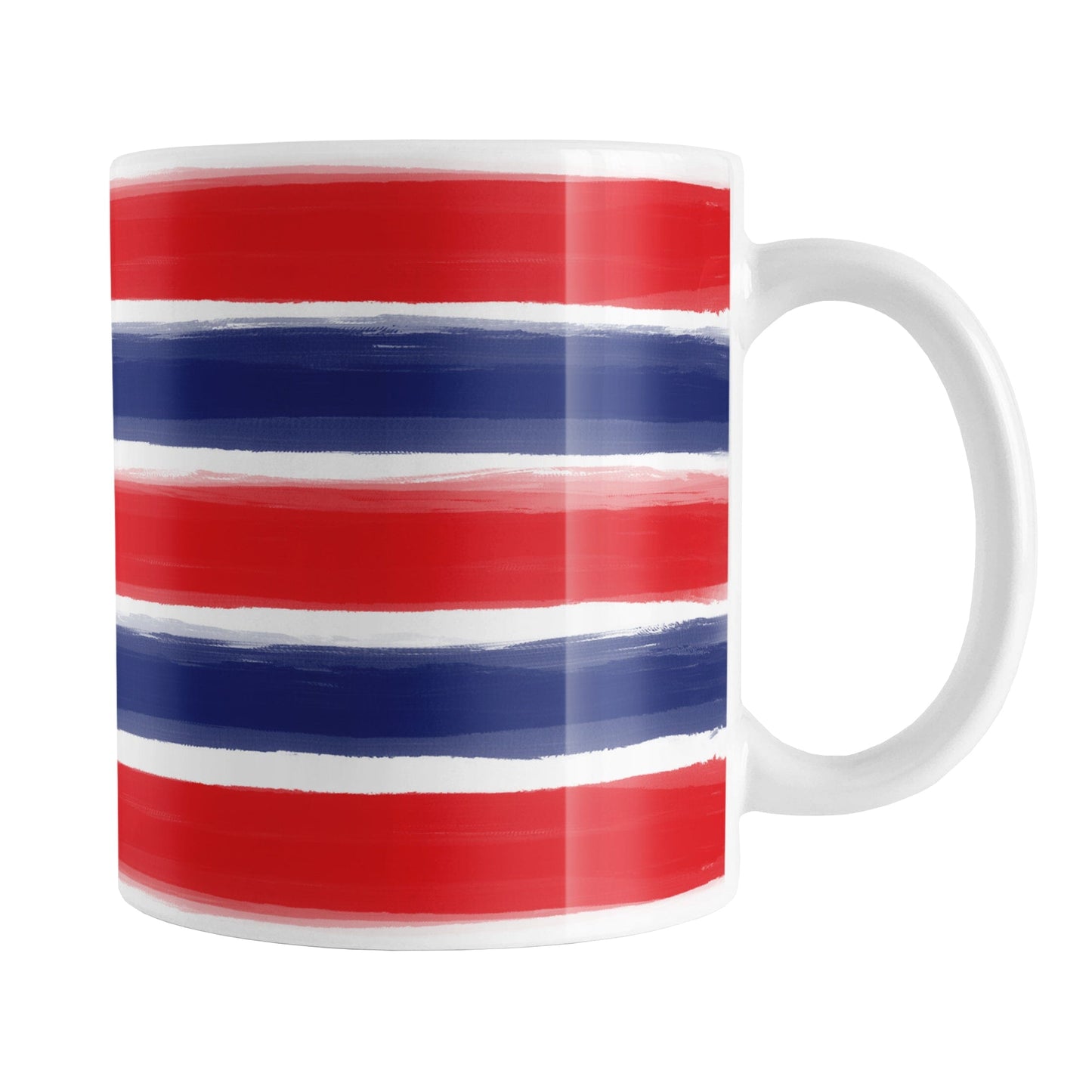 Patriotic Paint Brush Strokes Mug (11oz) at Amy's Coffee Mugs. A ceramic coffee mug featuring a print of artistic paint brush strokes horizontally across the mug up to the handle, in alternating colors of red and blue over white to celebrate the 4th of July (Independence Day) holiday.
