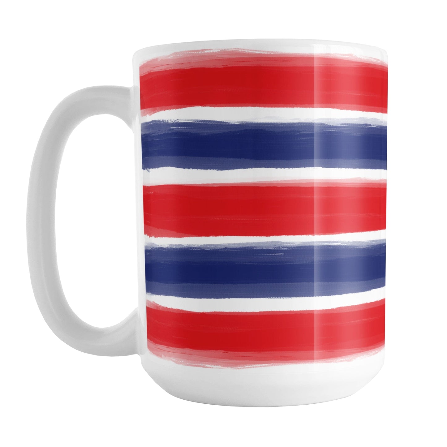 Patriotic Paint Brush Strokes Mug (15oz) at Amy's Coffee Mugs. A ceramic coffee mug featuring a print of artistic paint brush strokes horizontally across the mug up to the handle, in alternating colors of red and blue over white to celebrate the 4th of July (Independence Day) holiday.