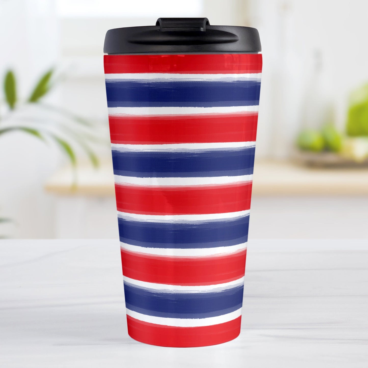 Patriotic Paint Brush Strokes Travel Mug (15oz) at Amy's Coffee Mugs. A stainless steel travel mug featuring a print of artistic paint brush strokes horizontally across the travel mug, in alternating colors of red and blue over white to celebrate the 4th of July (Independence Day) holiday.