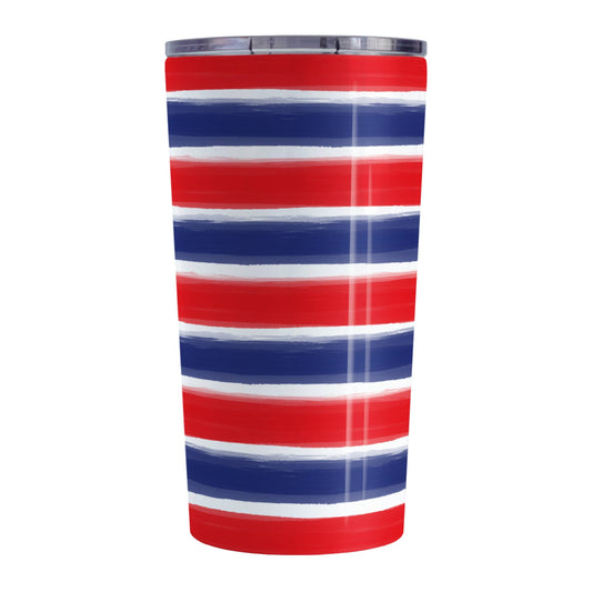 Patriotic Paint Brush Strokes Tumbler Cup (20oz) at Amy's Coffee Mugs. A stainless steel tumbler cup featuring a print of artistic paint brush strokes horizontally across the tumbler cup, in alternating colors of red and blue over white to celebrate the 4th of July (Independence Day) holiday.