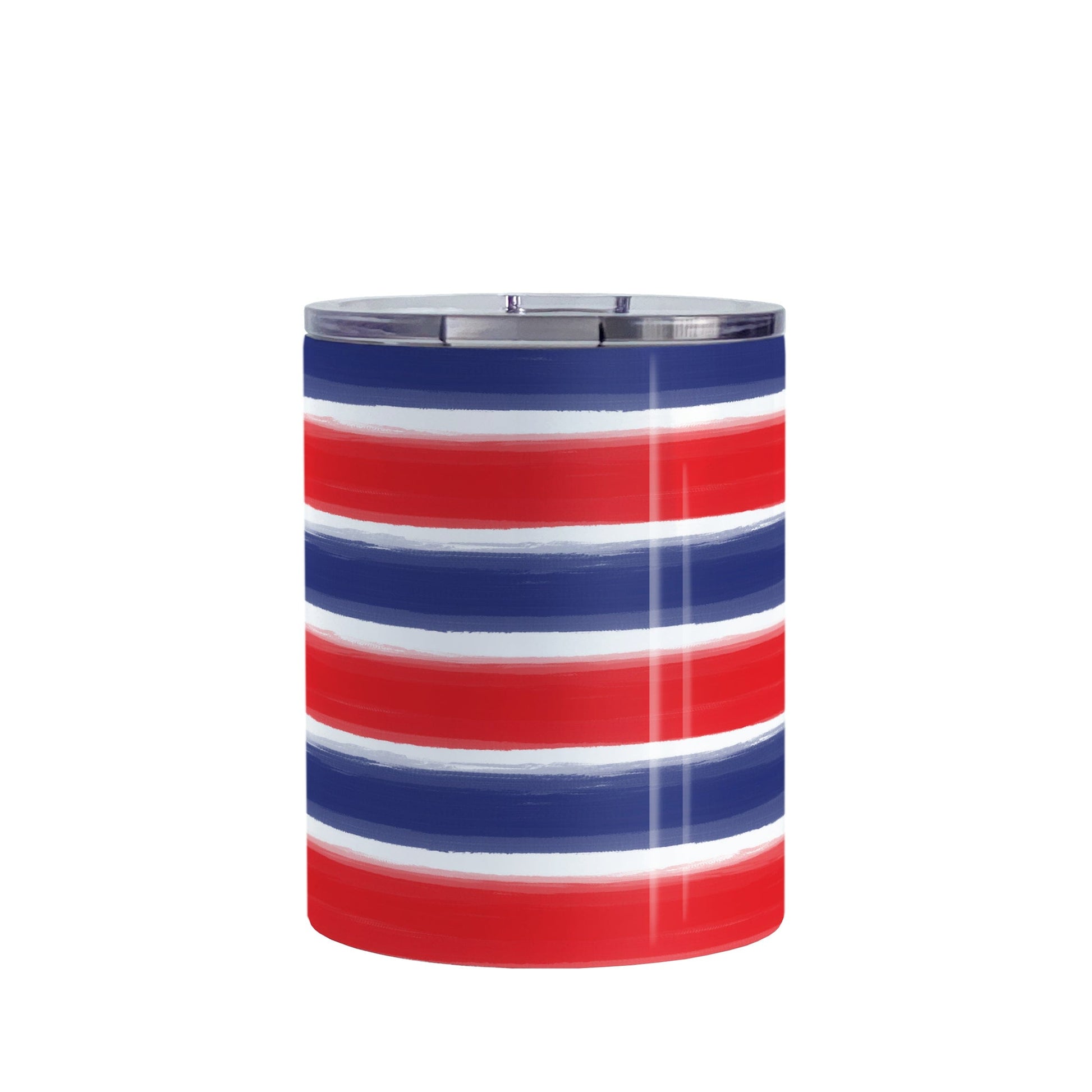 Patriotic Paint Brush Strokes Tumbler Cup (10oz) at Amy's Coffee Mugs. A stainless steel tumbler cup featuring a print of artistic paint brush strokes horizontally across the tumbler cup, in alternating colors of red and blue over white to celebrate the 4th of July (Independence Day) holiday.