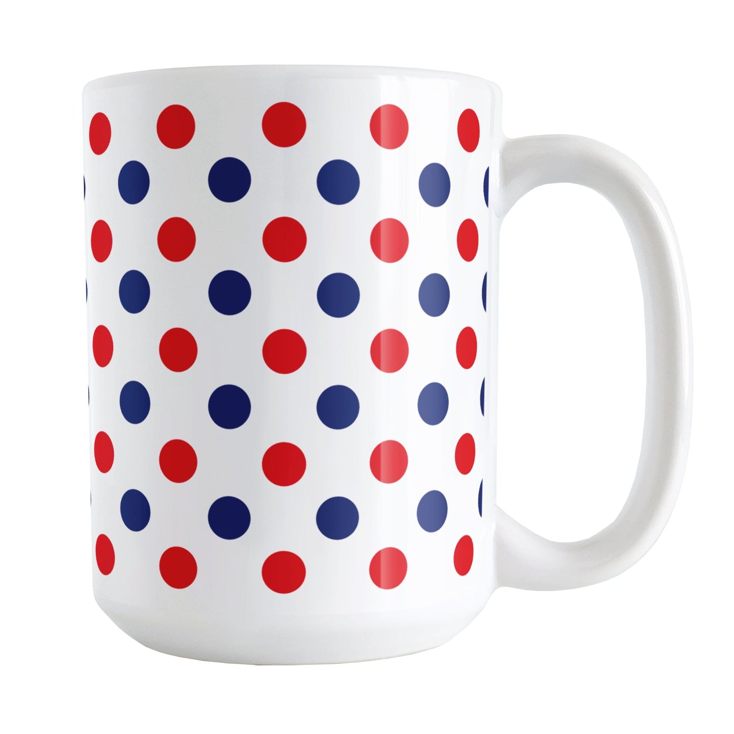 Patriotic Polka Dot Mug (15oz) at Amy's Coffee Mugs. A ceramic coffee mug featuring a pattern of polka dots across the mug up to the handle, in alternating colors of red and blue over white to celebrate the 4th of July (Independence Day) holiday.