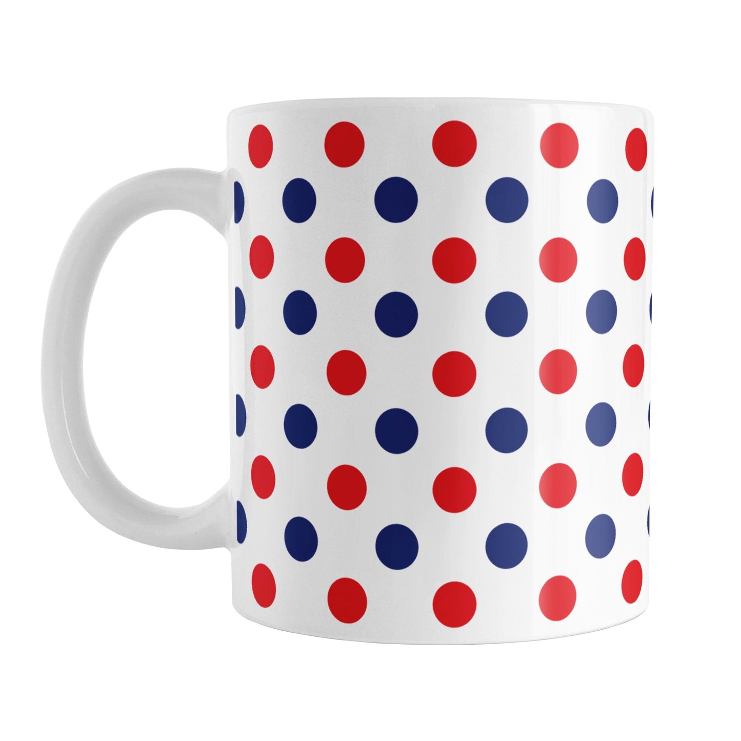 Patriotic Polka Dot Mug (11oz) at Amy's Coffee Mugs. A ceramic coffee mug featuring a pattern of polka dots across the mug up to the handle, in alternating colors of red and blue over white to celebrate the 4th of July (Independence Day) holiday.