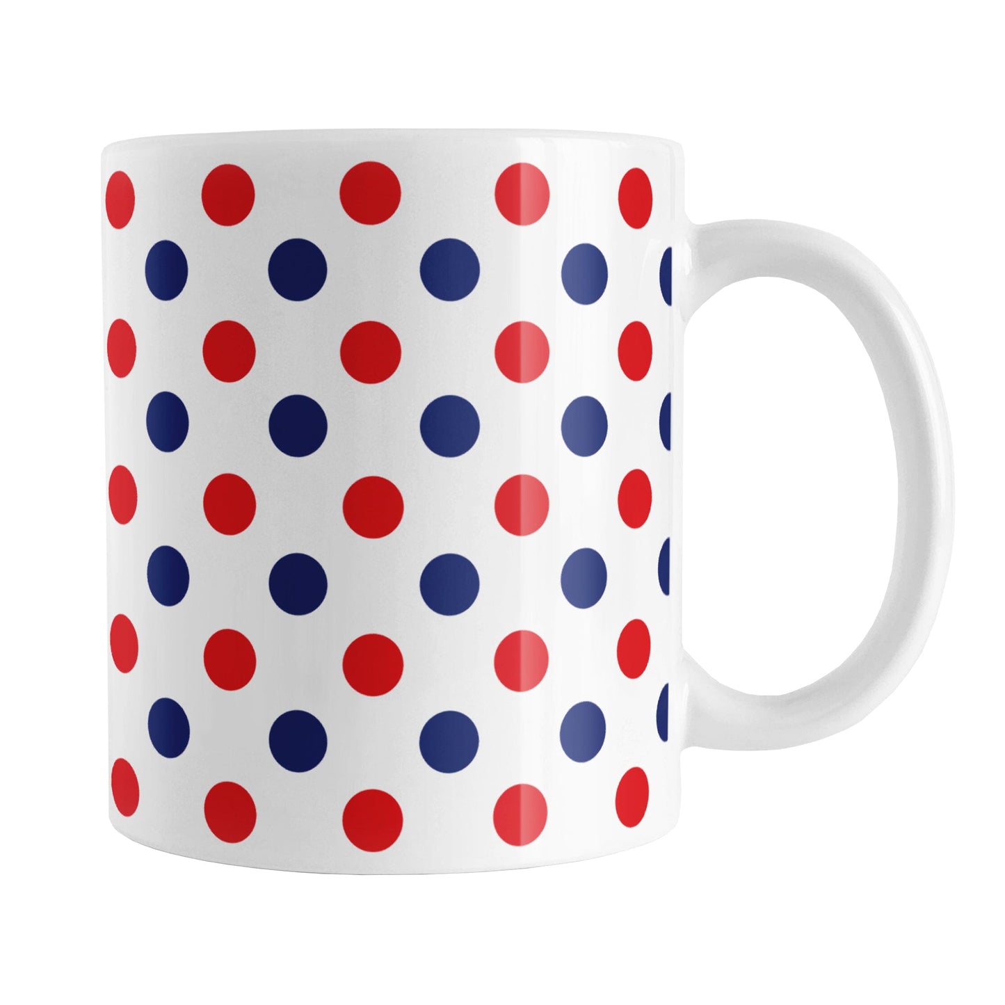 Patriotic Polka Dot Mug (11oz) at Amy's Coffee Mugs. A ceramic coffee mug featuring a pattern of polka dots across the mug up to the handle, in alternating colors of red and blue over white to celebrate the 4th of July (Independence Day) holiday.