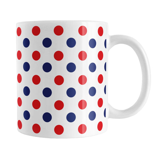 Patriotic Polka Dot Mug (11oz) at Amy's Coffee Mugs. A ceramic coffee mug featuring a pattern of polka dots across the mug up to the handle, in alternating colors of red and blue over white to celebrate the 4th of July (Independence Day) holiday.
