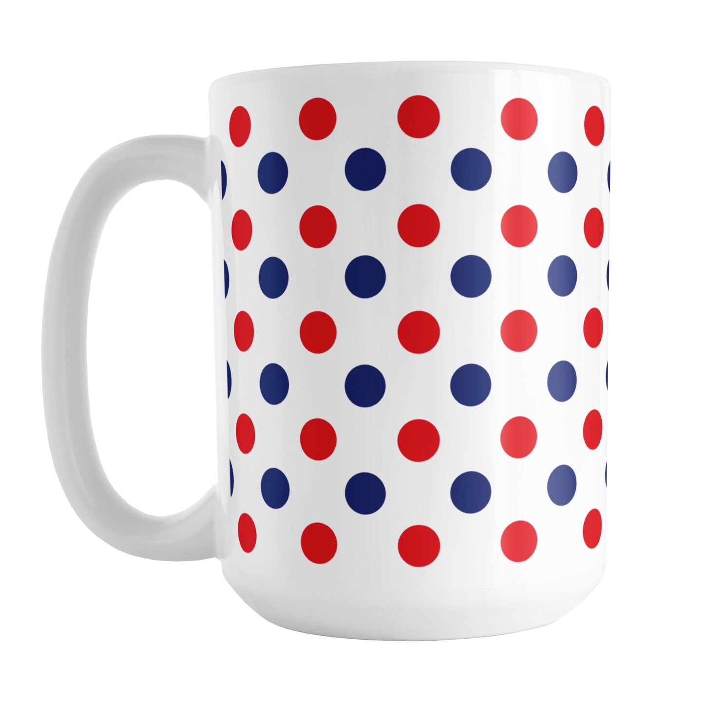 Patriotic Polka Dot Mug (15oz) at Amy's Coffee Mugs. A ceramic coffee mug featuring a pattern of polka dots across the mug up to the handle, in alternating colors of red and blue over white to celebrate the 4th of July (Independence Day) holiday.