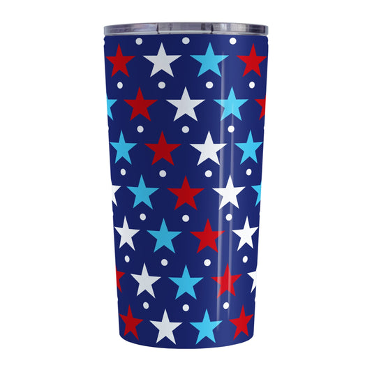 Patriotic Red White Blue Stars Tumbler Cup (20oz) at Amy's Coffee Mugs. A stainless steel tumbler cup designed with red, white, and blue stars and white dots over a navy blue background that wraps around the cup. It's been design for 4th of July (Independence Day) celebrations and everyday use.