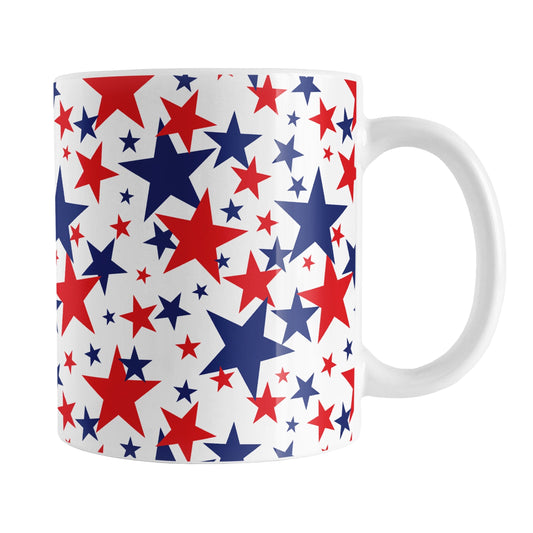 Patriotic Stars Mug (11oz) at Amy's Coffee Mugs. A ceramic coffee mug for the 4th for July (Independence Day) designed with red and blue stars, in varying sizes, over a white background in a pattern that wraps around the mug up to the handle.
