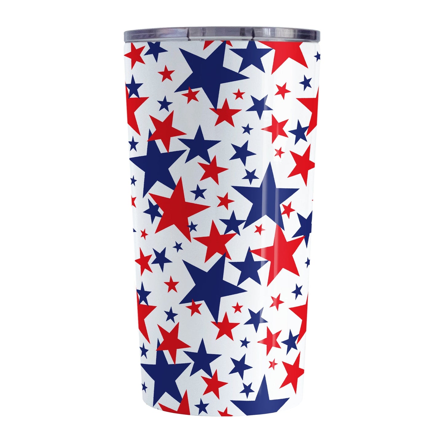 Patriotic Stars Tumbler Cup (20oz) at Amy's Coffee Mugs. A stainless steel tumbler cup for the 4th for July (Independence Day) designed with red and blue stars, in varying sizes, over a white background in a pattern that wraps around the cup.