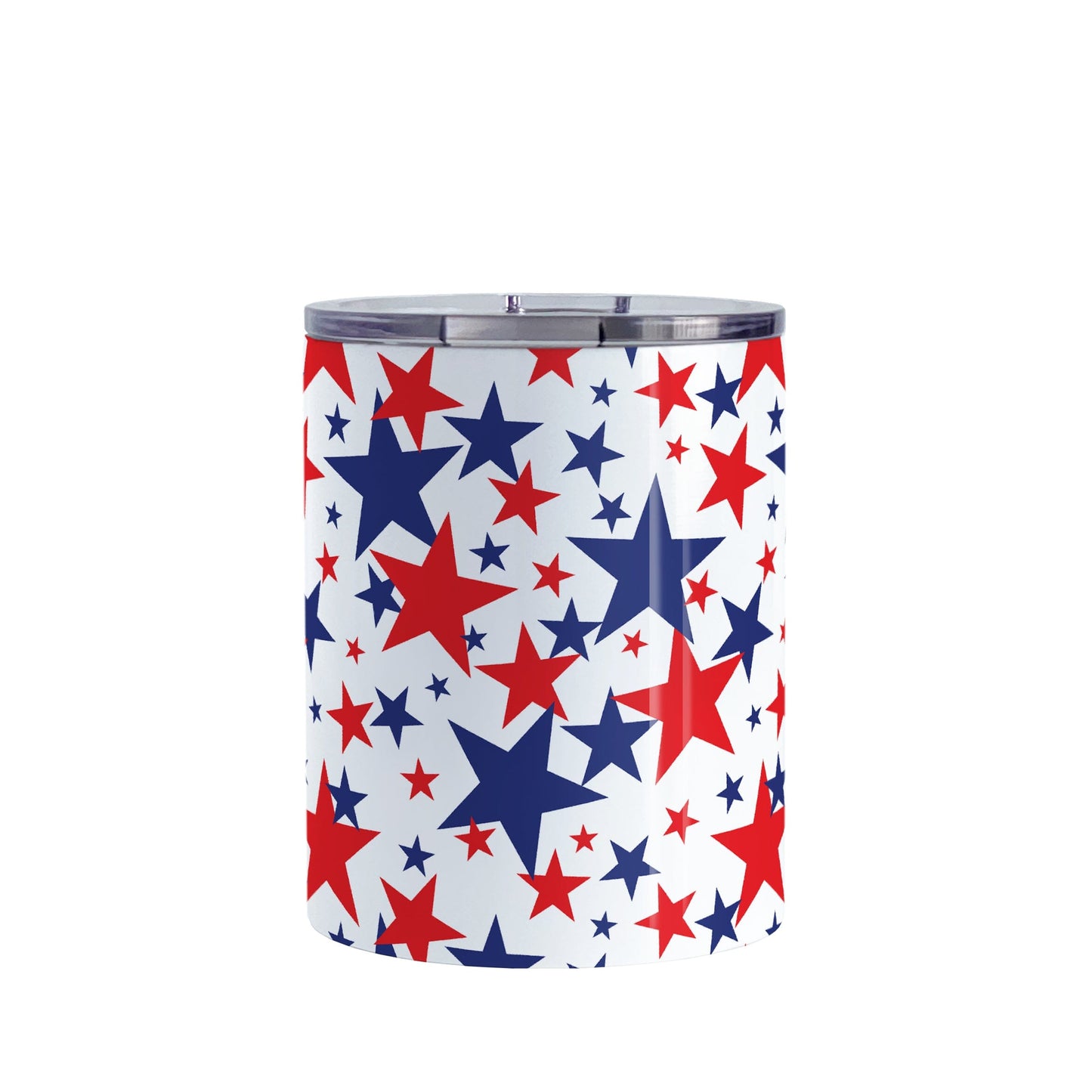 Patriotic Stars Tumbler Cup (10oz) at Amy's Coffee Mugs. A stainless steel tumbler cup for the 4th for July (Independence Day) designed with red and blue stars, in varying sizes, over a white background in a pattern that wraps around the cup.