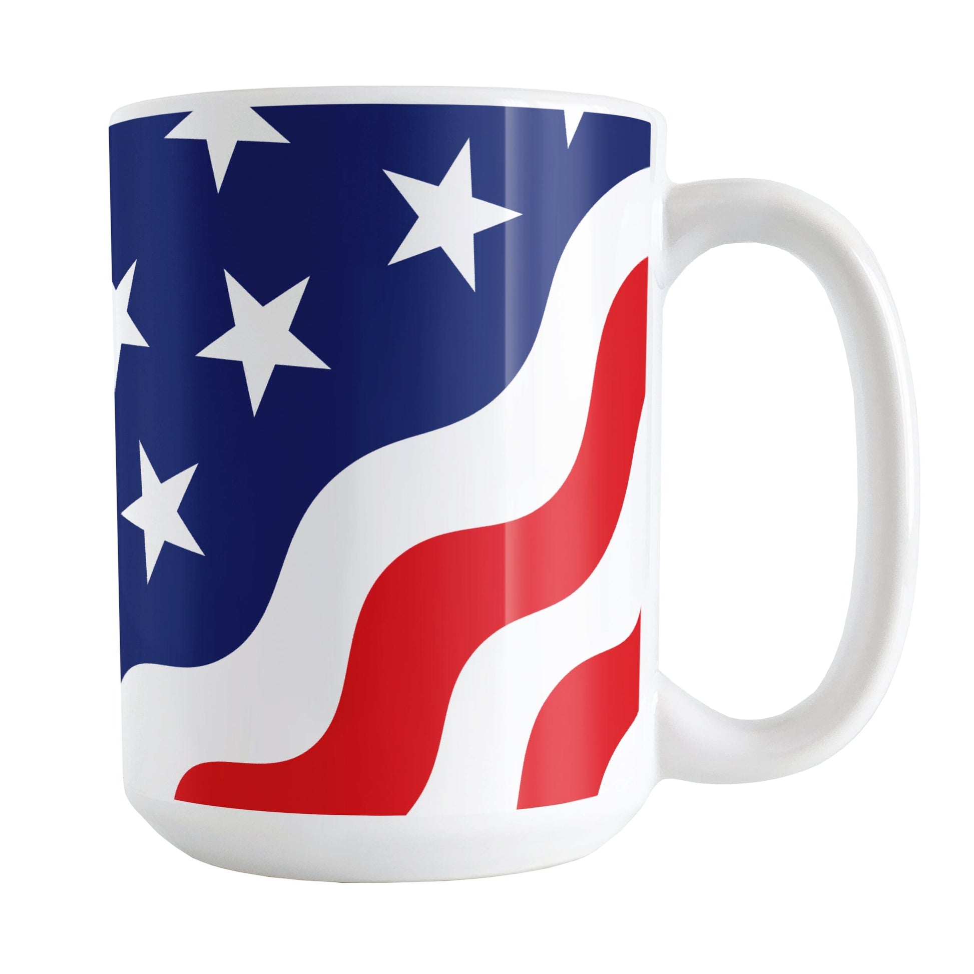 Patriotic Wavy Stars and Stripes Mug (15oz) at Amy's Coffee Mugs. A ceramic coffee mug designed with a pattern of wavy red and white stripes along the bottom corners and white stars over a blue area along the top area, in a design that wraps around the mug up to the handle to celebrate the 4th of July (Independence Day) holiday.