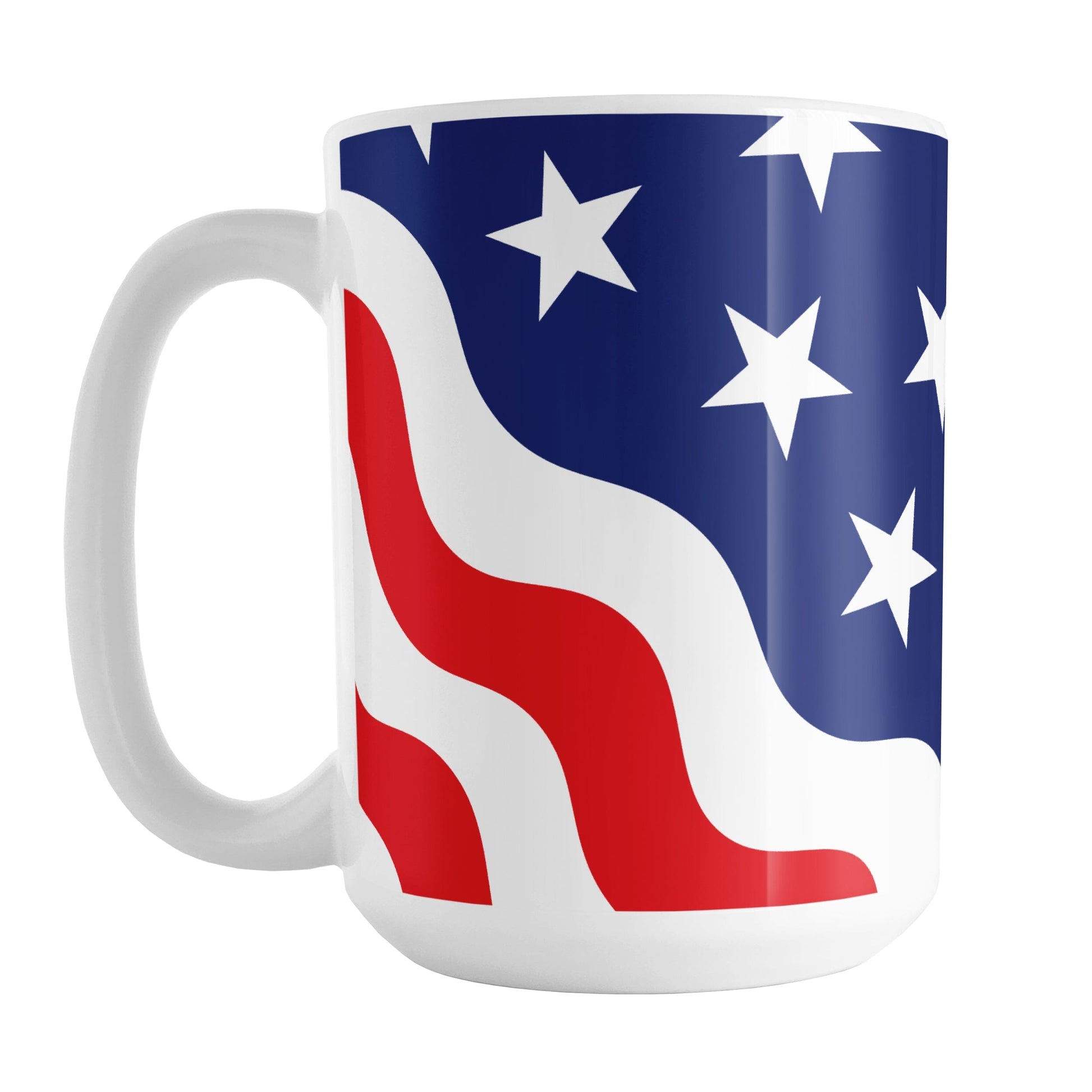 Patriotic Wavy Stars and Stripes Mug (15oz) at Amy's Coffee Mugs. A ceramic coffee mug designed with a pattern of wavy red and white stripes along the bottom corners and white stars over a blue area along the top area, in a design that wraps around the mug up to the handle to celebrate the 4th of July (Independence Day) holiday.