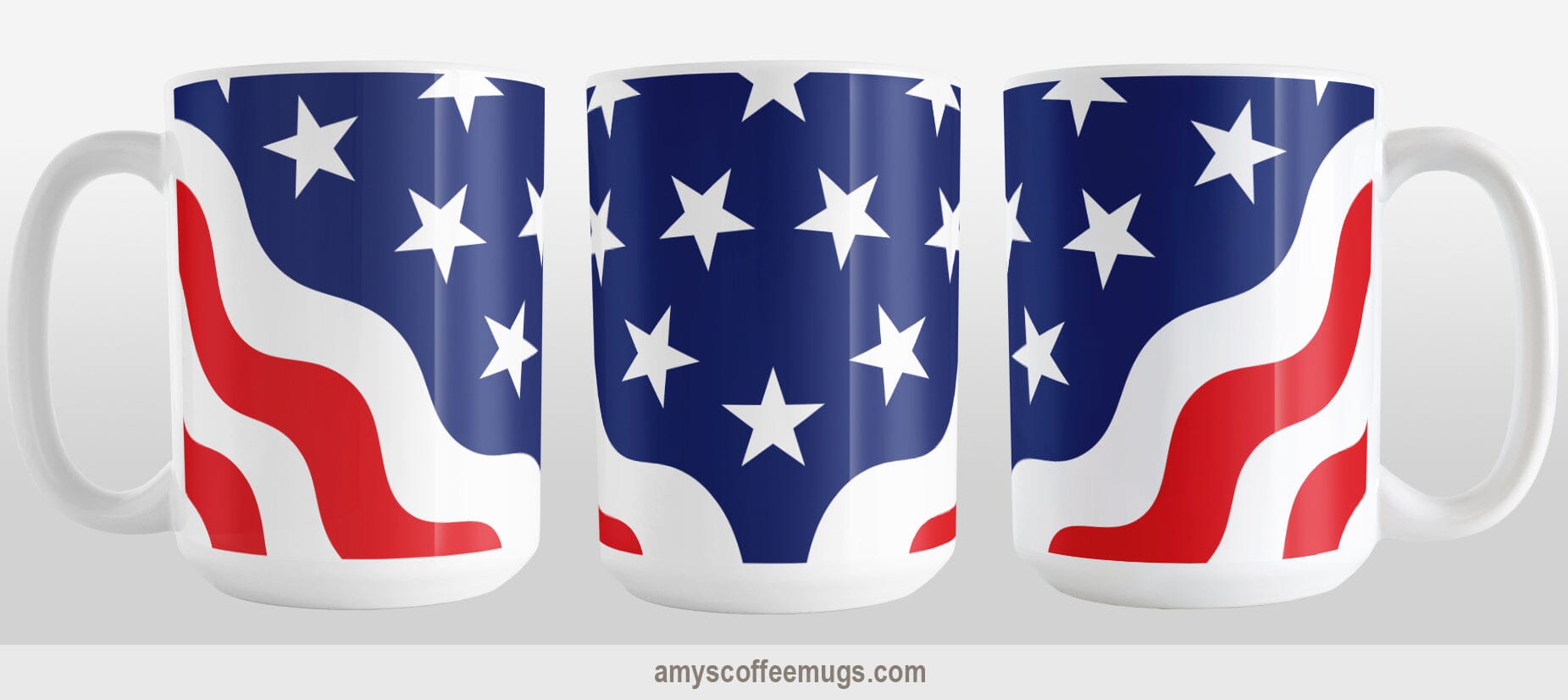 Patriotic Wavy Stars and Stripes Mug (15oz) at Amy's Coffee Mugs. A ceramic coffee mug designed with a pattern of wavy red and white stripes along the bottom corners and white stars over a blue area along the top area, in a design that wraps around the mug up to the handle to celebrate the 4th of July (Independence Day) holiday. Image shows three views of the design on the mug.