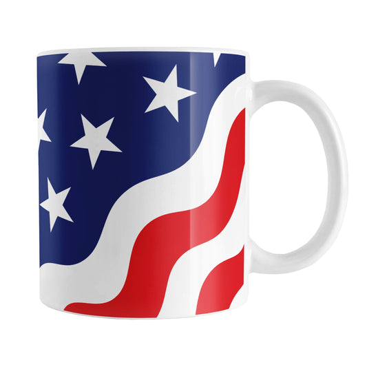 Patriotic Wavy Stars and Stripes Mug (11oz) at Amy's Coffee Mugs. A ceramic coffee mug designed with a pattern of wavy red and white stripes along the bottom corners and white stars over a blue area along the top area, in a design that wraps around the mug up to the handle to celebrate the 4th of July (Independence Day) holiday.