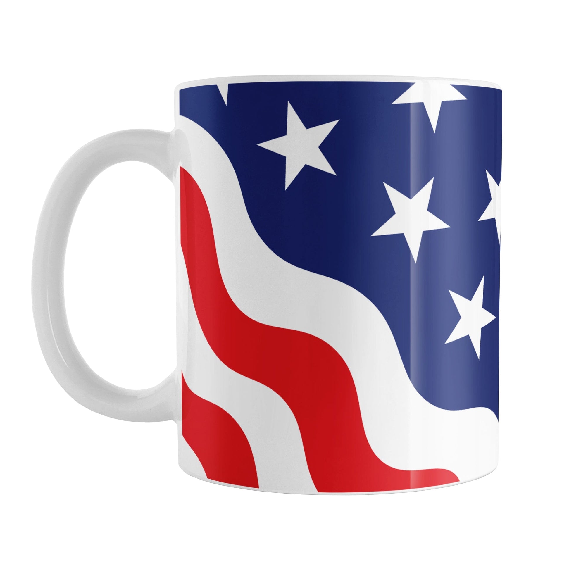 Patriotic Wavy Stars and Stripes Mug (11oz) at Amy's Coffee Mugs. A ceramic coffee mug designed with a pattern of wavy red and white stripes along the bottom corners and white stars over a blue area along the top area, in a design that wraps around the mug up to the handle to celebrate the 4th of July (Independence Day) holiday.
