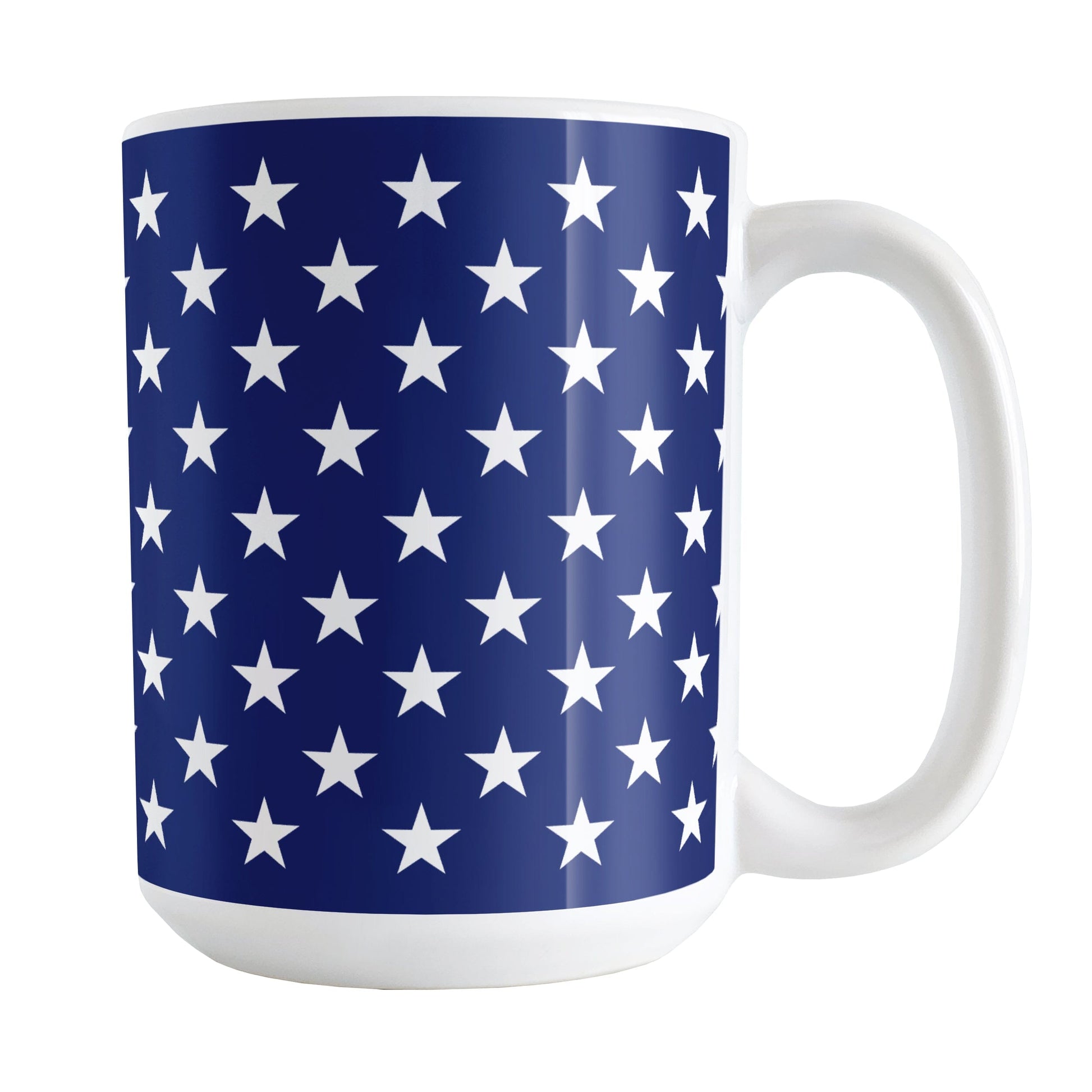 Patriotic White Stars on Blue Mug (15oz) at Amy's Coffee Mugs. A ceramic coffee mug with white stars in a pattern over a blue background that wraps around the mug up to the handle. It's been design for 4th of July (Independence Day) celebrations and everyday use.