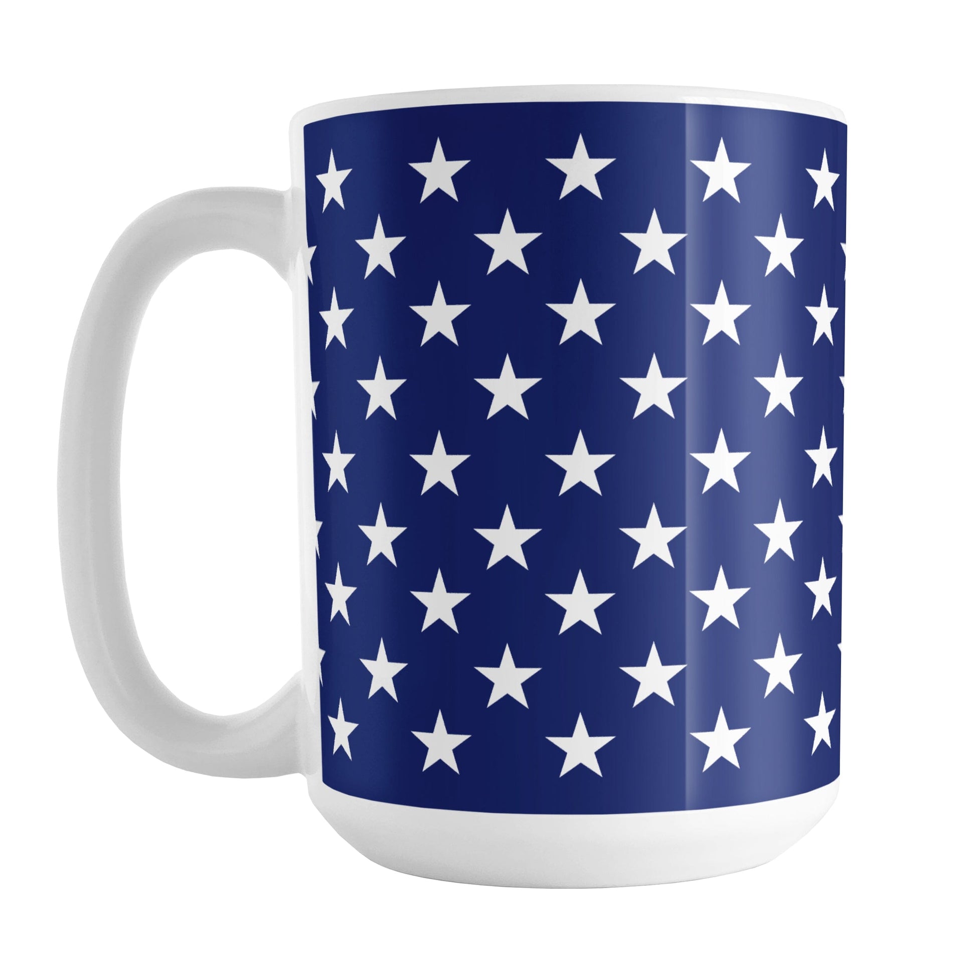 Patriotic White Stars on Blue Mug (15oz) at Amy's Coffee Mugs. A ceramic coffee mug with white stars in a pattern over a blue background that wraps around the mug up to the handle. It's been design for 4th of July (Independence Day) celebrations and everyday use.