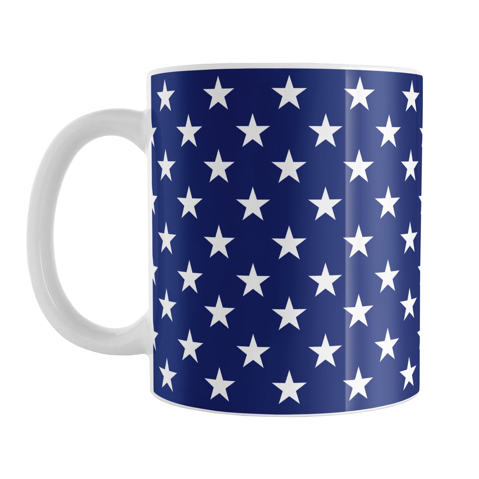 Patriotic White Stars on Blue Mug (11oz) at Amy's Coffee Mugs. A ceramic coffee mug with white stars in a pattern over a blue background that wraps around the mug up to the handle. It's been design for 4th of July (Independence Day) celebrations and everyday use.