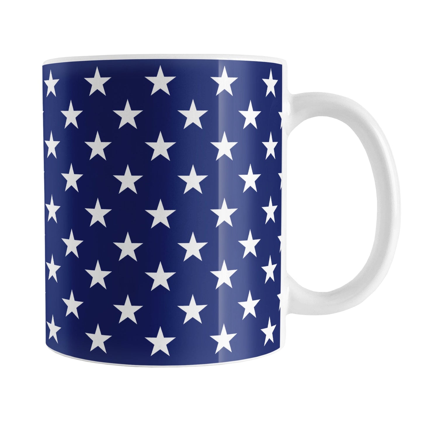 Patriotic White Stars on Blue Mug (11oz) at Amy's Coffee Mugs. A ceramic coffee mug with white stars in a pattern over a blue background that wraps around the mug up to the handle. It's been design for 4th of July (Independence Day) celebrations and everyday use.